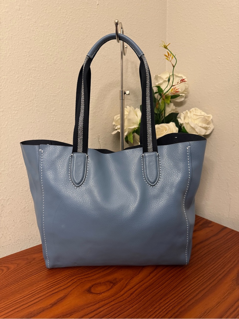 Coach Blue Leather Tote with Navy Striped Handles - Picture 9 of 16